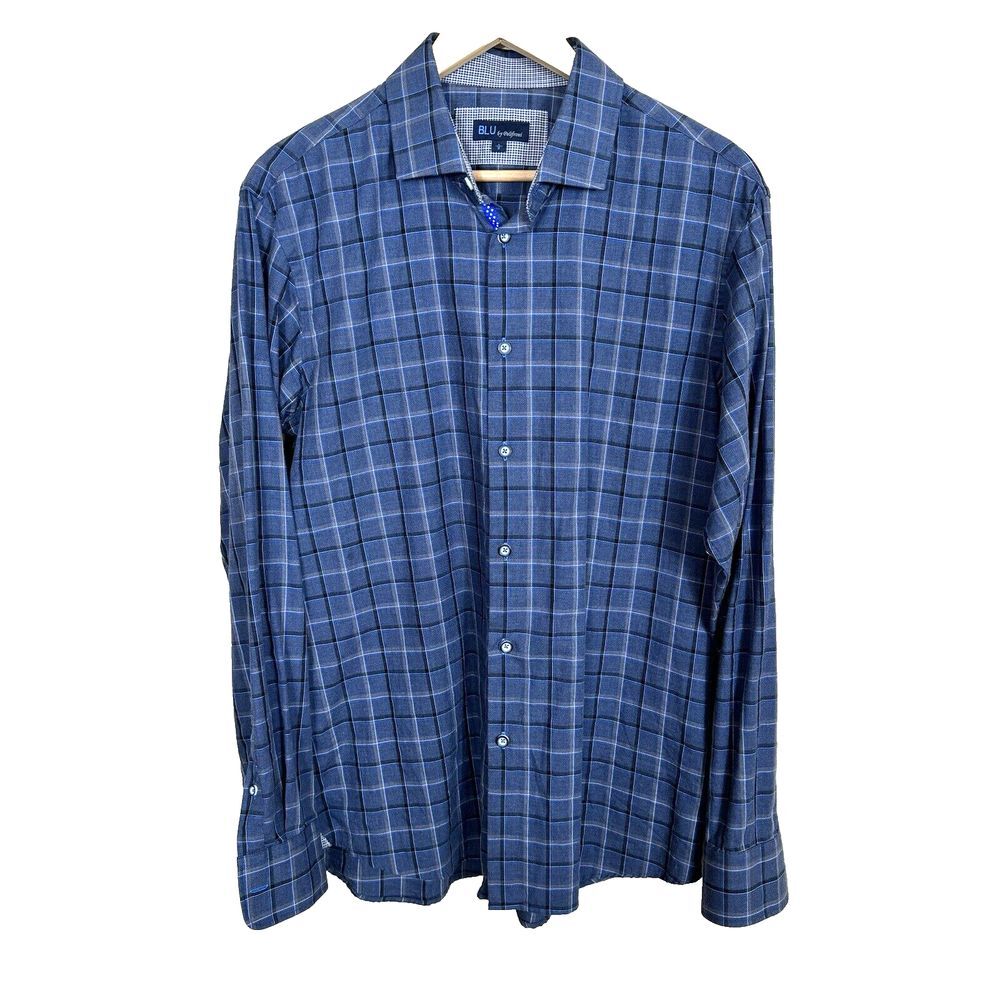BLU by Polifroni Shirt Men Large Blue Black Check Long Sleeve Collared Button Up